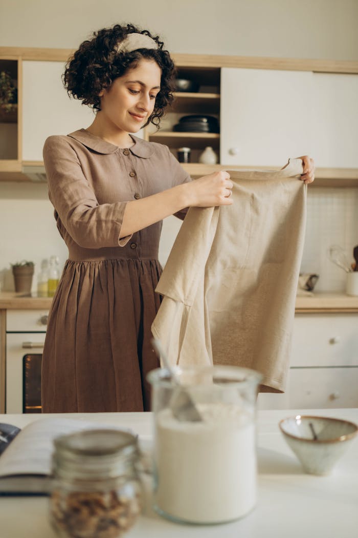 A woman in a kitchen preparing food, focusing on crafting homemade meals with love.